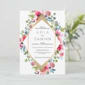 幾何学的ピンクミントレッド金ゴールド結婚フローラ 招待状 (スタンド正面)