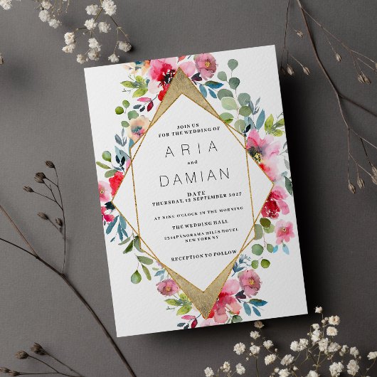 幾何学的ピンクミントレッド金ゴールド結婚フローラ 招待状