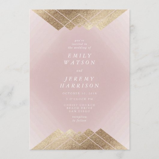 幾何学的ピンクムスク金ゴールドギャツビー結婚式招待状 招待状 (正面)