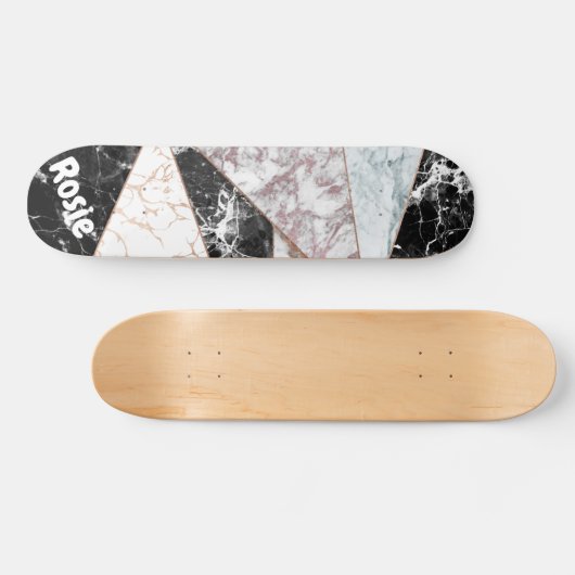 幾何学的ピンクローズ金ゴールド白黒大理石 スケートボード (横)