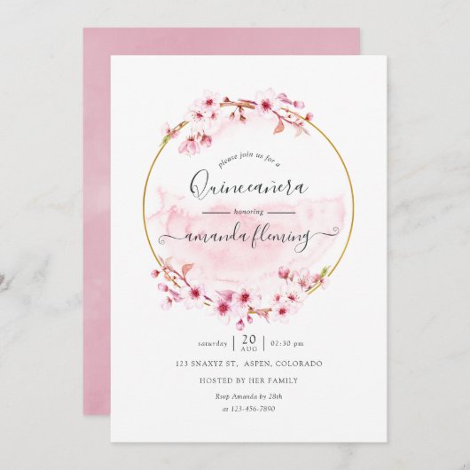 幾何学的ピンク春さくらんぼブロッサムキンセアニラ 招待状 (正面/裏面)