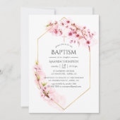 幾何学的ピンク春さくらんぼブロッサムバプテスマ 招待状 (正面)