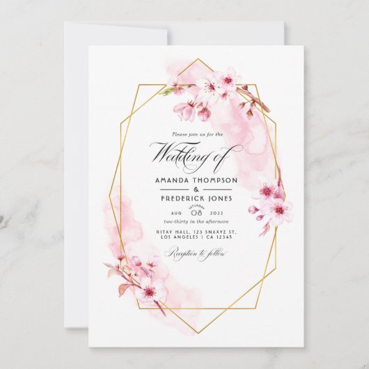 幾何学的ピンク春さくらんぼ結婚ブロッサムの写真 招待状 (正面)