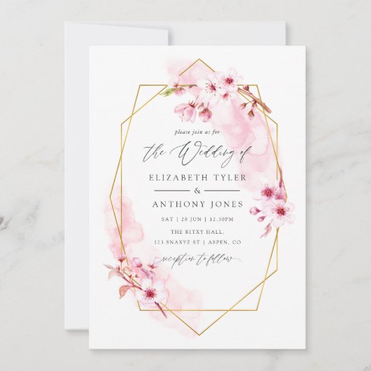 幾何学的ピンク春さくらんぼ結婚ブロッサム 招待状 (正面)