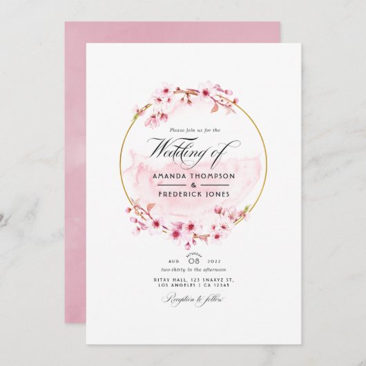 幾何学的ピンク春さくらんぼ結婚ブロッサム 招待状 (正面/裏面)