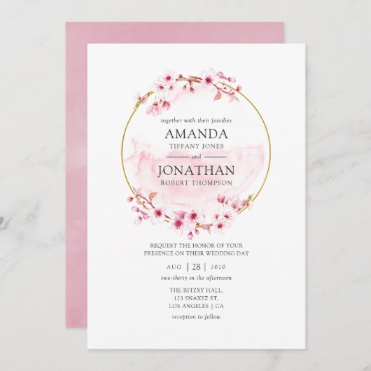 幾何学的ピンク春さくらんぼ結婚ブロッサム 招待状 (正面/裏面)