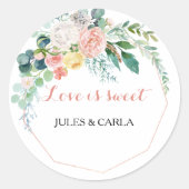 幾何学的ピンク春フローラ愛は甘結婚い ラウンドシール (正面)