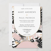 幾何学的ピンク白黒金ゴールド結婚フローラ 招待状 (正面)