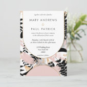 幾何学的ピンク白黒金ゴールド結婚フローラ 招待状 (スタンド正面)