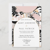 幾何学的ピンク白黒金ゴールド結婚フローラ 招待状 (正面)