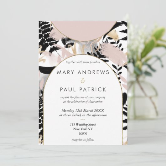 幾何学的ピンク白黒金ゴールド結婚フローラ 招待状 (スタンド正面)