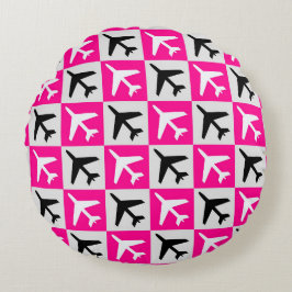 幾何学的ピンク航空ジェット機 ラウンドクッション