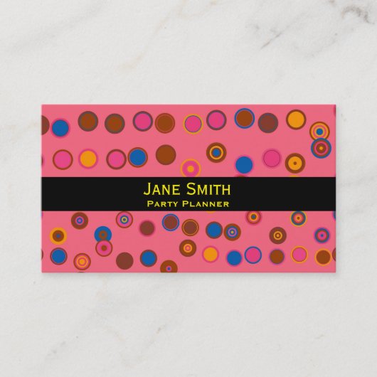 幾何学的ピンク色の黄色い円パターンパーティープランナー 名刺 (正面)