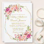 幾何学的ピンク赤面フローラ結婚金ゴールド 招待状<br><div class="desc">水色モダンフローラピンク赤面金ゴールド幾何学模様結婚式招待状</div>