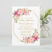 幾何学的ピンク赤面フローラ金ゴールド結婚写真 招待状 (スタンド正面)