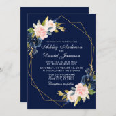 幾何学的ピンク赤面ブルーフローラ金ゴールド結婚ズ 招待状 (正面/裏面)