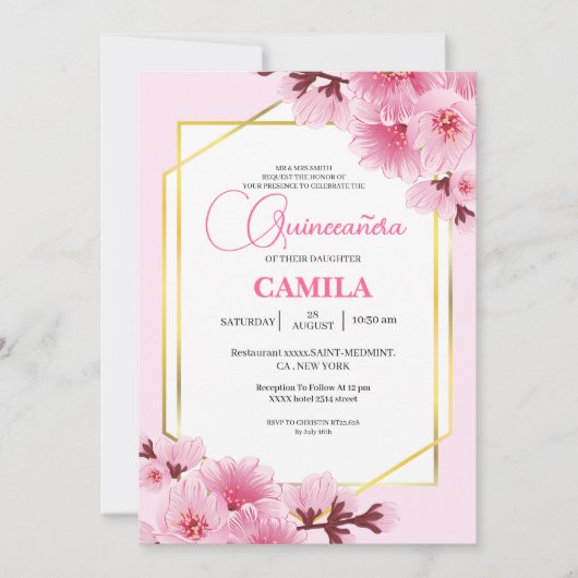 幾何学的ピンク金ゴールドさくらんぼブロッサムキンセアニラ 招待状 (正面)