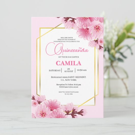 幾何学的ピンク金ゴールドさくらんぼブロッサムキンセアニラ 招待状 (スタンド正面)