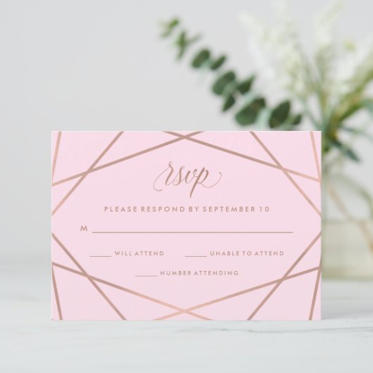 幾何学的フェイクバラ金ゴールドとピンクウェディングRSVP 出欠カード (スタンド正面)