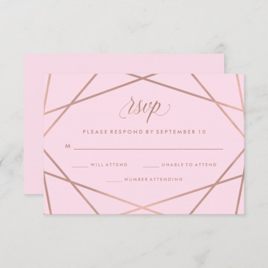 幾何学的フェイクバラ金ゴールドとピンクウェディングRSVP 出欠カード (正面/裏面)