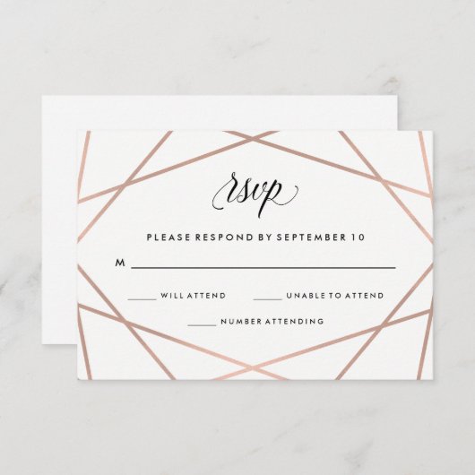 幾何学的フェイクバラ金ゴールドとブラックウェディングRSVP 出欠カード (正面/裏面)