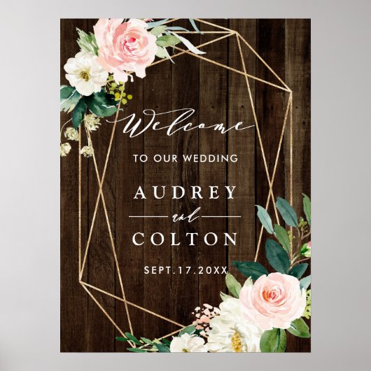 幾何学的フェイクフローラ結婚木材のウェルカムサイン ポスター (正面)