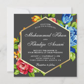 幾何学的フェイク鮮やかフローラ結婚イスラム 招待状 (裏面)