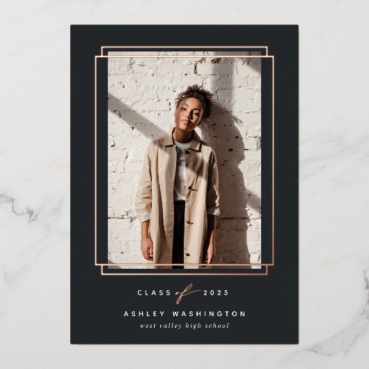 幾何学的フォイルフレームの写真の卒業発表 箔招待状 (正面)