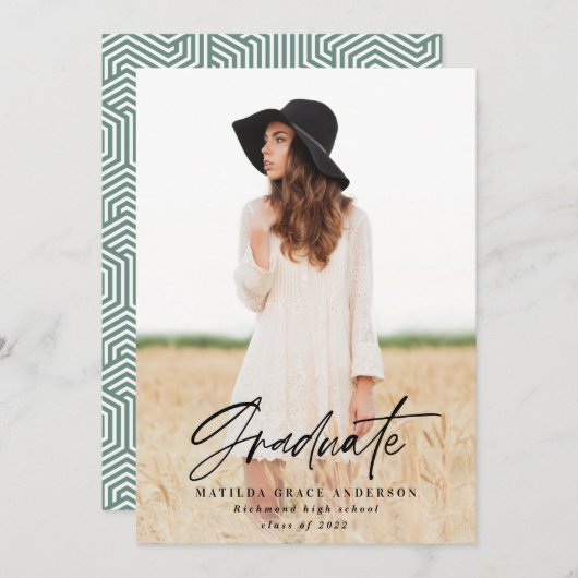 幾何学的フォトセージ緑の卒業パーティー招待状 案内状 (正面/裏面)