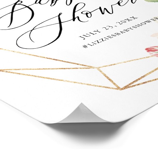 幾何学的フレームピンク花模様ベビーシャワーへようこそ ポスター (角)