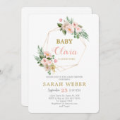 幾何学的フレームフローラベビーガールシャワー 招待状 (正面/裏面)