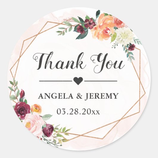 幾何学的フレームフローラ結婚式の引き出物ありがとう ラウンドシール (正面)
