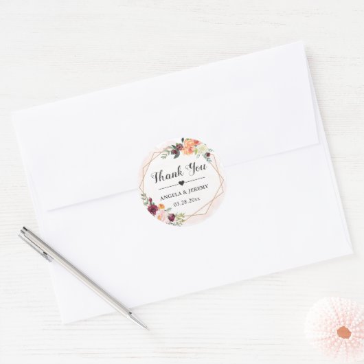 幾何学的フレームフローラ結婚式の引き出物ありがとう ラウンドシール (封筒)