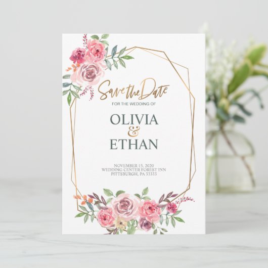 幾何学的フレームフローラ結婚式招待状テンプレート 招待状 (スタンド正面)