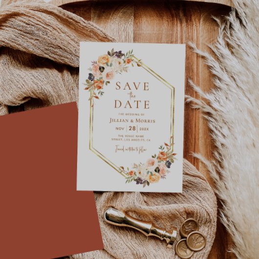 幾何学的フレーム秋フローラ保存日付 招待状