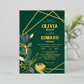 幾何学的フレーム離れグリーンと金ゴールドフォイル結婚ズ 箔招待状 (立ち正面)