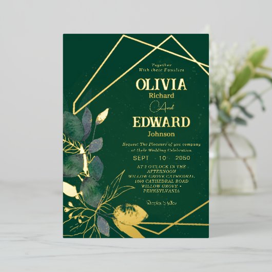 幾何学的フレーム離れグリーンと金ゴールドフォイル結婚ズ 箔招待状 (立ち正面)