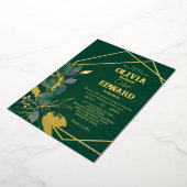 幾何学的フレーム離れグリーンと金ゴールドフォイル結婚ズ 箔招待状 (回転した状態)