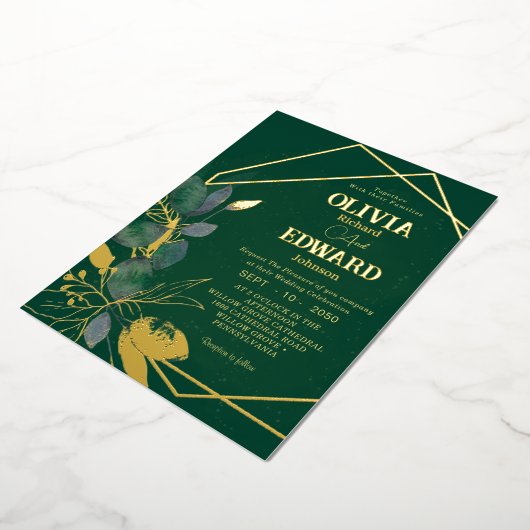 幾何学的フレーム離れグリーンと金ゴールドフォイル結婚ズ 箔招待状 (回転した状態)