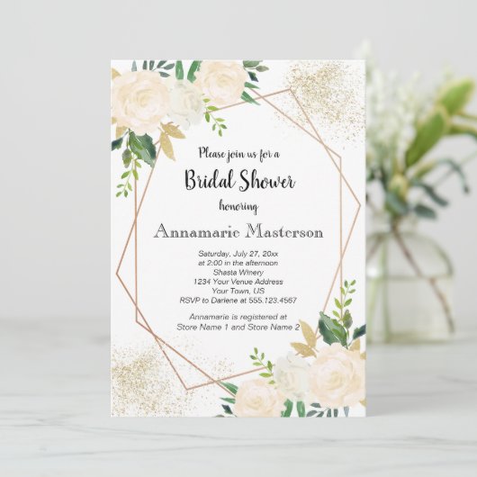 幾何学的フローラクリームホワイトローズブライダルシャワー | 招待状 (スタンド正面)