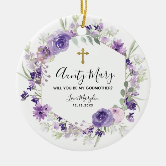 幾何学的フローラパープルがゴッドマザーになる セラミックオーナメント (正面)