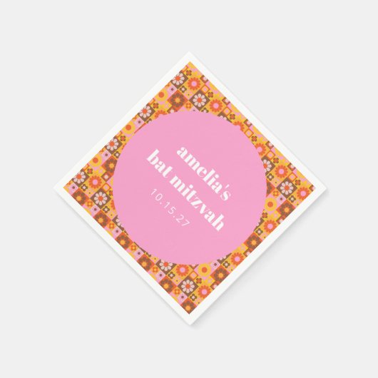 幾何学的フローラピンクオレンジバルミツワーカスタム スタンダードカクテルナプキン (角)