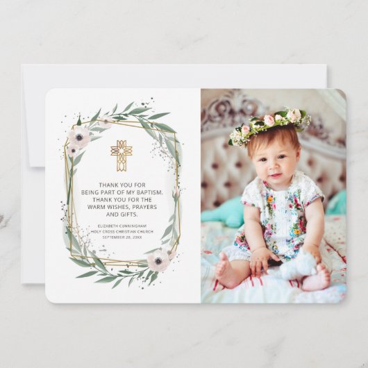 幾何学的フローラフォトクロスバプテスマありがとう サンキューカード (正面)