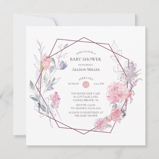 幾何学的フローラフレームベビーシャワー招待状 招待状 (正面)