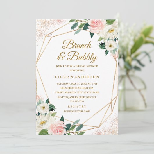 幾何学的フローラブライダルシャワーブランチとバブリー 招待状 (スタンド正面)