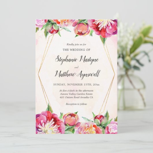 幾何学的フローラ水彩珊瑚石結婚牡丹 招待状 (スタンド正面)