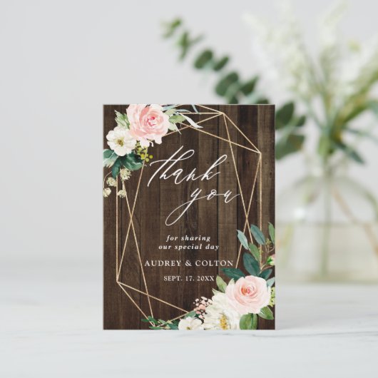 幾何学的フローラ素朴ウッドありがとう写真 ポストカード (スタンド正面)