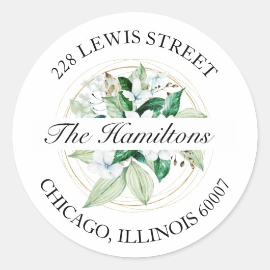 幾何学的フローラ結婚グリーン差出人住所 ラウンドシール (正面)