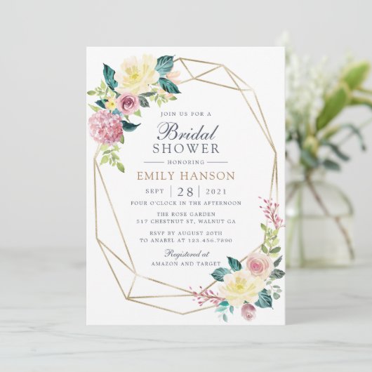 幾何学的フローラ赤面緑化金ゴールドブライダルシャワー 招待状 (スタンド正面)