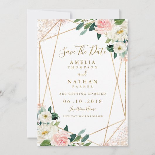 幾何学的フローラ赤面金ゴールド結婚式日付の保存 招待状 (正面)